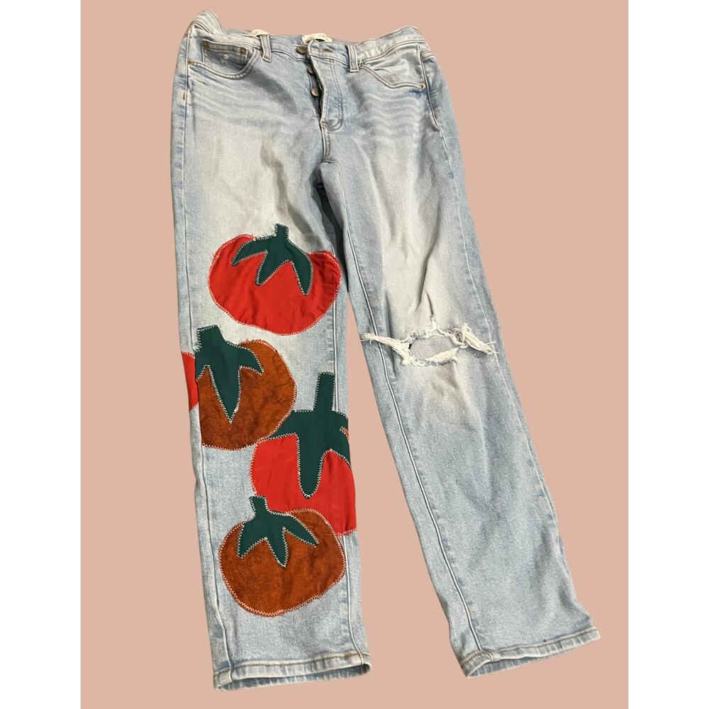 Universal Thread Light Wash Straight Leg Jeans with Red & Brown Tomato Patches